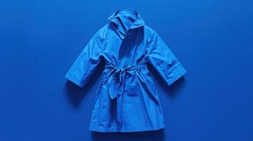 Bright blue raincoat displayed against a vibrant blue background highlighting its design and color contrasts photo