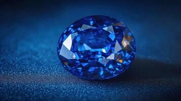 Beautiful blue gemstone glistening under soft light on a dark surface photo