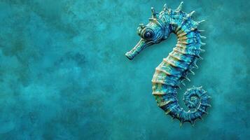 Seahorse swimming in a vibrant aquatic environment with teal background and intricate details photo