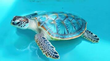 Green sea turtle swimming in clear blue water, showcasing vibrant colors and intricate shell patterns photo