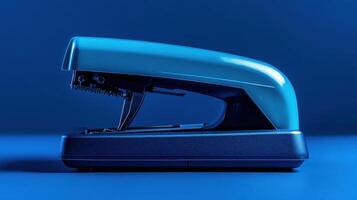 Brightly colored stapler rests on a blue surface in a well-lit environment photo