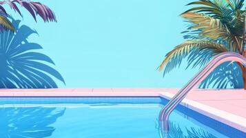 Colorful swimming pool with palm trees and vibrant blue wall on a sunny day photo
