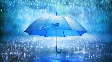 Bright blue umbrella stands in heavy rain with water droplets falling around it in a vibrant setting photo
