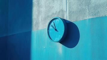 Clock mounted on a blue wall casting a shadow during daylight in an urban setting photo