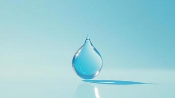 Clear water droplet suspended in air with a soft blue background and gentle lighting showcasing its shape and purity photo