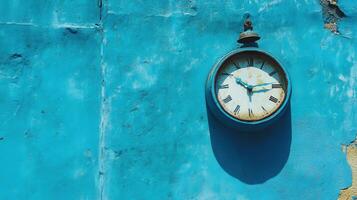 Vintage clock against a vibrant blue wall showcasing rustic charm and timeless beauty in afternoon sunlight photo