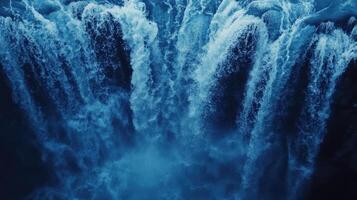 Water cascades over rocky ledges in a breathtaking natural waterfall surrounded by lush greenery during early morning light photo