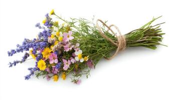 Freshly gathered wildflowers tied with twine showcasing vibrant colors and natural beauty photo