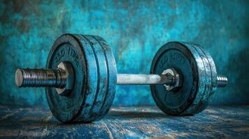 Dumbbell resting on a worn wooden surface with textured blue background in a fitness space photo