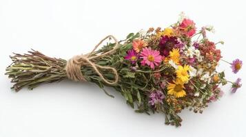 Colorful wildflower bouquet featuring various blooms tied with twine on a plain background photo