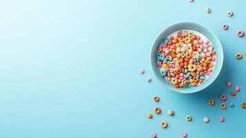 Colorful breakfast bowl with cereal and milk on a pastel blue background photo