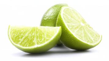 Freshly cut lime segments arranged on a white background with whole limes in the background providing a vibrant contrast photo