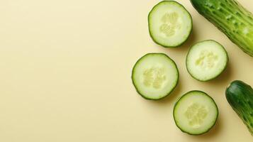 Fresh cucumbers sliced and arranged on a light yellow background highlighting their crisp texture and color photo