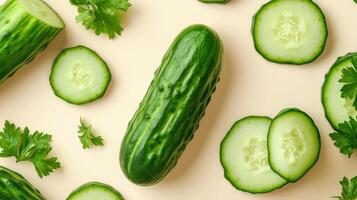 Fresh cucumber surrounded by slices and parsley on a light background for healthy eating photo