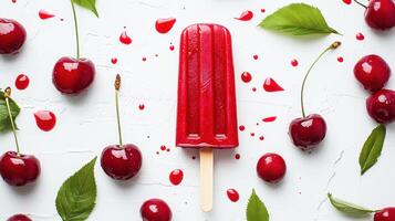 Cherry popsicle surrounded by fresh cherries and vibrant cherry juice on a white surface photo