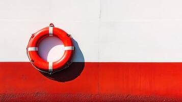 Bright red lifebuoy mounted on a white and red wall near a body of water in a coastal location on a sunny day photo