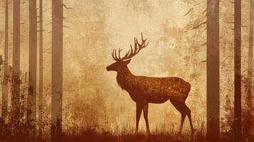 Silhouetted deer standing among tall trees in a misty forest at dusk photo