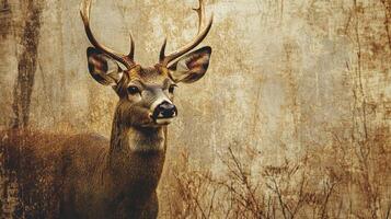 Majestic buck stands alert in a wooded area during early morning light among the muted tones of nature photo