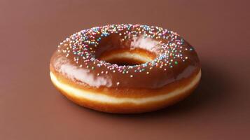 Chocolate frosted donut with colorful sprinkles on a brown background ready to be enjoyed photo
