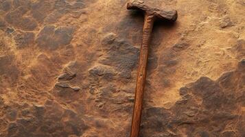 Historical and detailed view of a rustic wooden hammer resting on textured stone surface in natural lighting photo