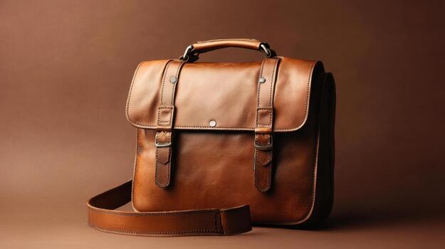Stylish leather messenger bag in rich brown color on a warm background showcasing craftsmanship and design elegance photo