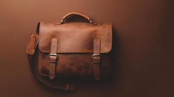 Elegant brown leather bag displayed on a dark surface, highlighting craftsmanship and design details in soft lighting photo