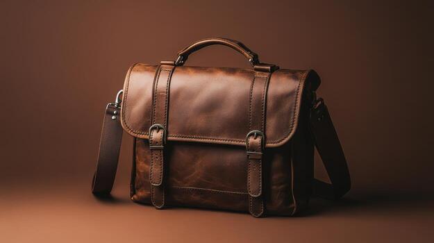 Elegant brown leather messenger bag displayed on a dark background highlighting its classic design and craftsmanship photo