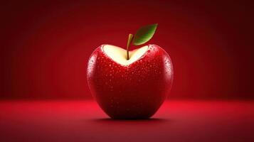 Red apple with a bite taken out sits on a smooth surface under soft lighting with a bold red background photo
