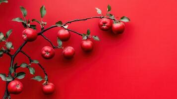 Fresh red apples on a branch against a vibrant red background, perfect for seasonal decoration and culinary inspiration photo
