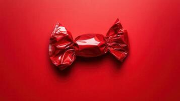 Bright red candy wrapper on a vibrant red surface showcasing simple yet striking design elements photo