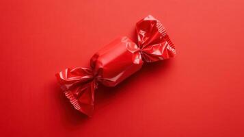 Bright red candy wrapped in shiny foil resting on a vibrant red background photo