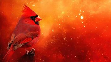 Bright red cardinal perched against a warm orange background during sunset photo