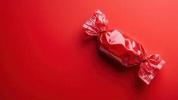 Bright red wrapped candy placed on a solid red background creates a vibrant and eye-catching visual display photo