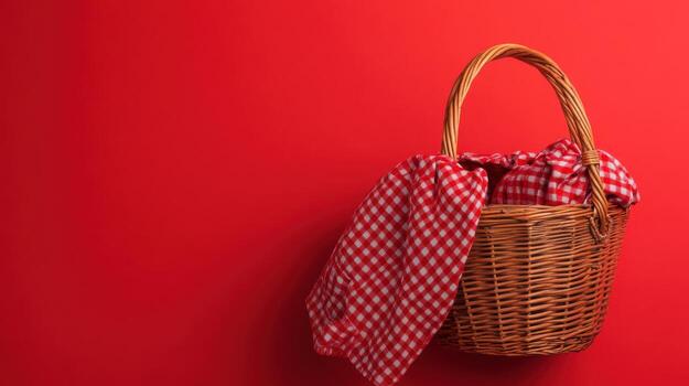 Wicker picnic basket with red checkered cloth against a bright red background creating a vibrant setting for outdoor dining photo