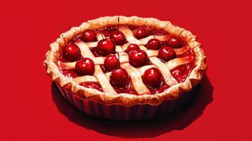Cherry pie on a vibrant red background with a beautiful lattice crust and shiny cherries on top photo