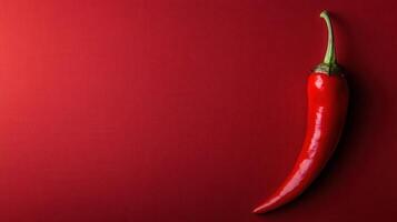 Bright red chili pepper rests against a rich red backdrop, showcasing its vibrant color and smooth texture in a minimalist style photo