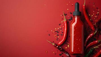 Bright red chili sauce bottle surrounded by fresh and dried red chilies on a vibrant red background photo