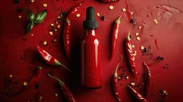 Chili sauce bottle surrounded by fresh red peppers and spices on a vibrant red background photo
