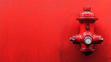 Bright red fire hydrant positioned against a vivid red wall in an urban setting during daylight hours photo