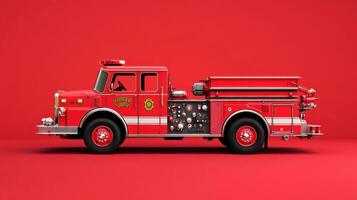 Bright red fire truck displayed on a solid background showcasing its detailed features and design photo