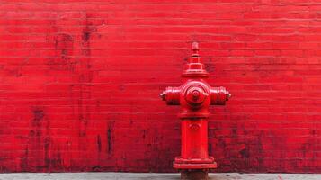 Bright red fire hydrant stands against vivid red brick wall adding a pop of color to the urban landscape photo