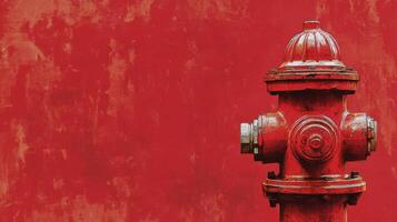 Red fire hydrant against a textured red wall highlighting urban infrastructure details photo