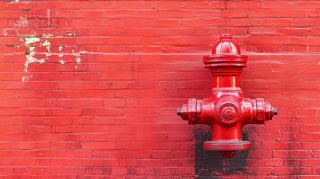 Bright red fire hydrant affixed to brick wall in urban setting with vibrant color contrast photo