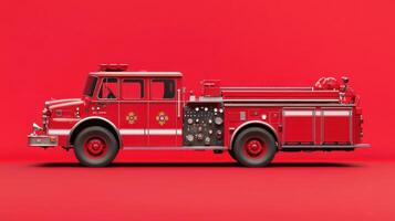 Vintage fire truck on bright red background with detailed design showcasing emergency response equipment photo