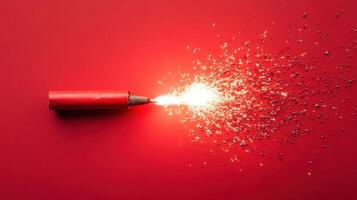 Sparkler emits bright light and sparks against a vibrant red background during a celebration photo
