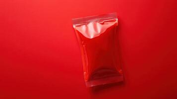 Bright red ketchup packet on a color-matching surface ready to complement meals photo