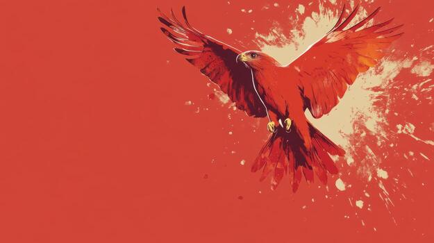 Bold red eagle soaring against a vibrant orange backdrop with splashes of color enhancing its majestic presence photo