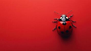 Close-up of a vivid red ladybug resting on a bright red surface under natural lighting photo
