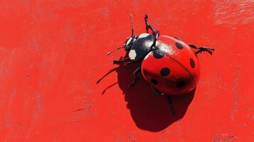 Bright red ladybug walking across a vivid red surface in natural sunlight during a warm afternoon photo