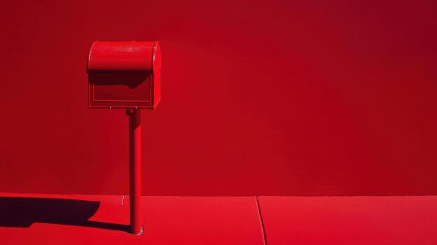 Bright red mailbox stands against a vibrant red wall in an urban setting during daylight hours photo